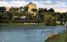 DUCK LAGOON AT JUNEAU PARK Milwaukee WI Postcard USA Made Posted 1948 High Rise