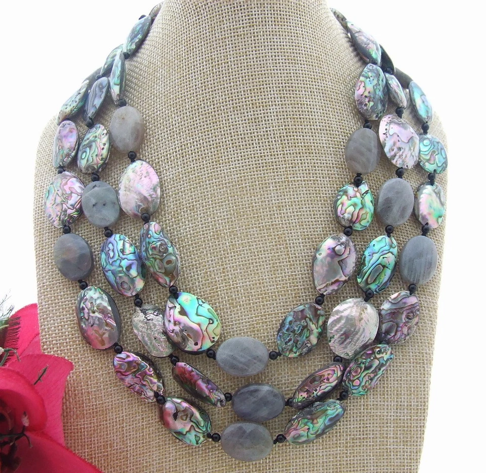 FC051009 3Steds Natural Paua Abalone Shell Oval Labradorite Onyx Necklace 19" - Image 2 of 3