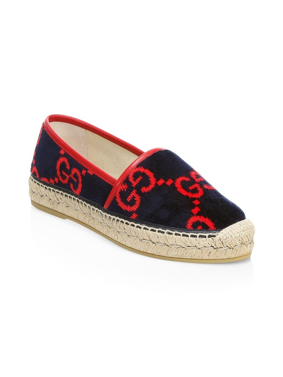 NIB Gucci GG Logo Pilar Jute Espadrille Flat Blue Red Velvet
