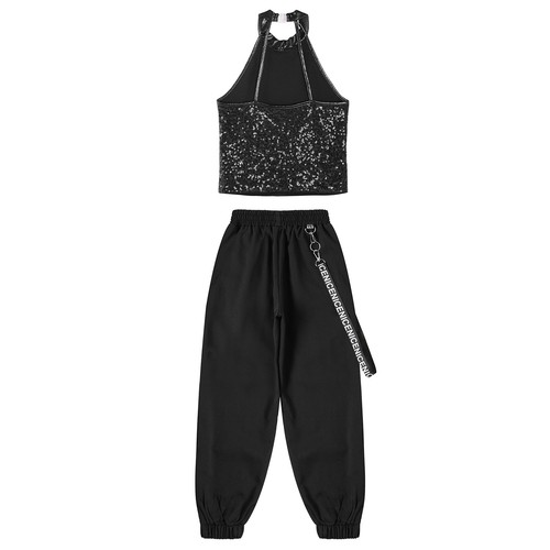Kids Girls Tracksuit Stage Performance Outfit Workout Sets Metal Chain Crop Top - Picture 12 of 63