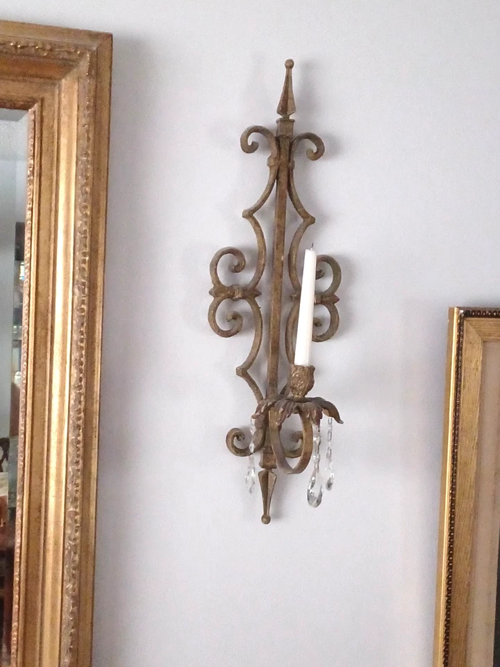 Heavy Large Gilt Wrought Iron Sconces with Crystals - Image 2 of 4