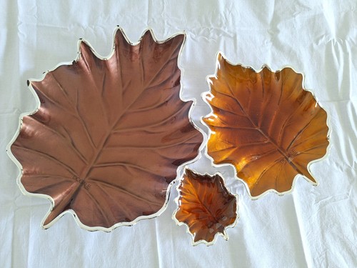 DOGALE VENEZIA SET 3 DIFFERET SIZES LEAF DISHES ITALIAN GLASS & SILVERPLATE - Picture 3 of 7
