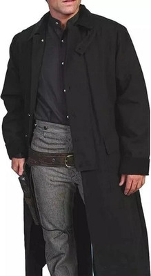 Mens Black Western Duster Coat Full-Length Classic Café Biker Cotton Trench Coat