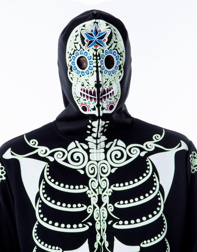 Men's Glow in The Dark Skeleton Costume Zip Hoodie (Dia De Los Muertos, Large) - Picture 4 of 4