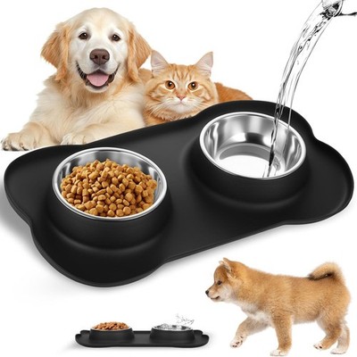 Pet Bowls   Stainless Steel Dog & Cat Bowl Set with Water Bowl + Anti-Slip Mat