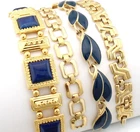 VINTAGE MONET TRIFARI BRACELET LOT GOLD TONE BLUE ENAMEL CHUNKY LINK SIGNED