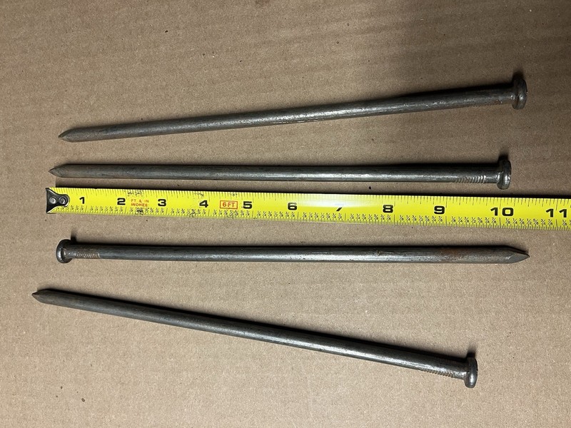 Four 10” Heavy-duty Galvanized Steel Spikes. Smooth Shanks, Large Heads.