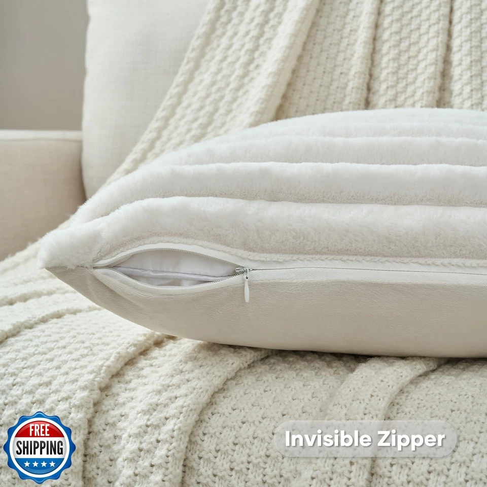 Juego de 2 fundas de almohada decorativas a rayas blancas crema FUTEI de 18x18 pulgadas, Foto 3 de 4