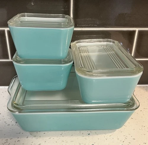 Vintage Pyrex Turquoise Refrigerator Dish Set Fridgies 501(2), 502, 503 - EUC!