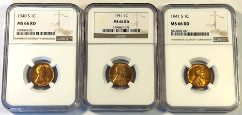1940s, 1941, 1941s Lincoln Wheat Cents 3 MS66 RD NGC Beautiful Coins! Free Ship!