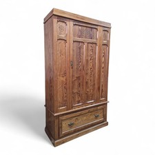 Victorian Pitch Pine Wardrobe Single Door Drawer Base - Antique carved armoire