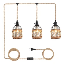 3 Light Hemp Rope Plug in Pendant Light Rattan Hanging Lights with Plug in Co...