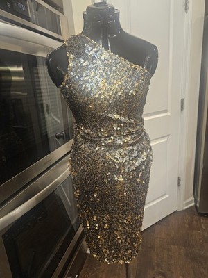 David Meister Gold Beaded Sequin One Shoulder Dress Small