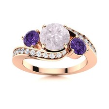 Round Pink Quartz  Amethyst 925 Sterling Silver Rose Plated Three Stone Ring
