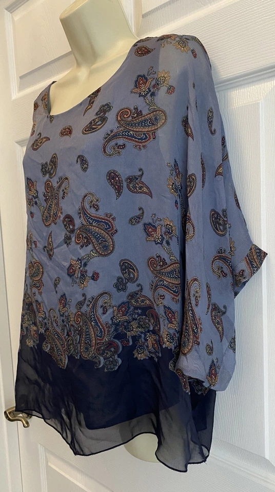 Belle France 女式花卉束腰上衣透明丝绸混纺女性仙女蓝色 L 码 — 第 2/4 张图片