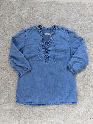 Ruff Hewn Jean Tunic Size PM 1/2 Sleeve with Tie Details Lightweight 100% Cotton