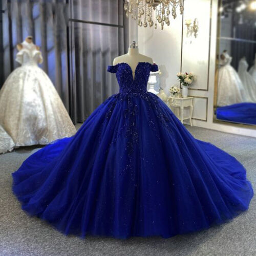 Royal Blue Lace Wedding Dresses Off The Shoulder Appliques Sequins Ball Gowns - Afbeelding 1 van 6