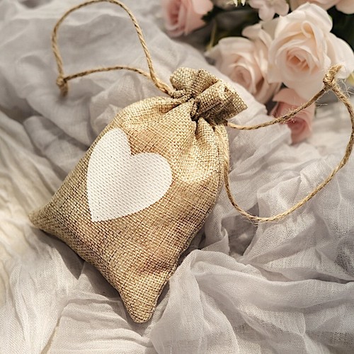 20 Natural Ivory Faux Burlap FAVOR BAGS Heart Design Party Events Decorations - Picture 7 of 9