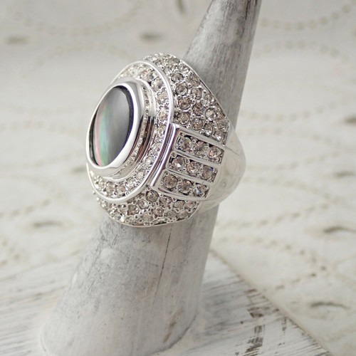 Huge Camille Lucie Abalone Shell Pave Rhinestone Rhodium Plated Size 5 1/4 Ring - Picture 2 of 8