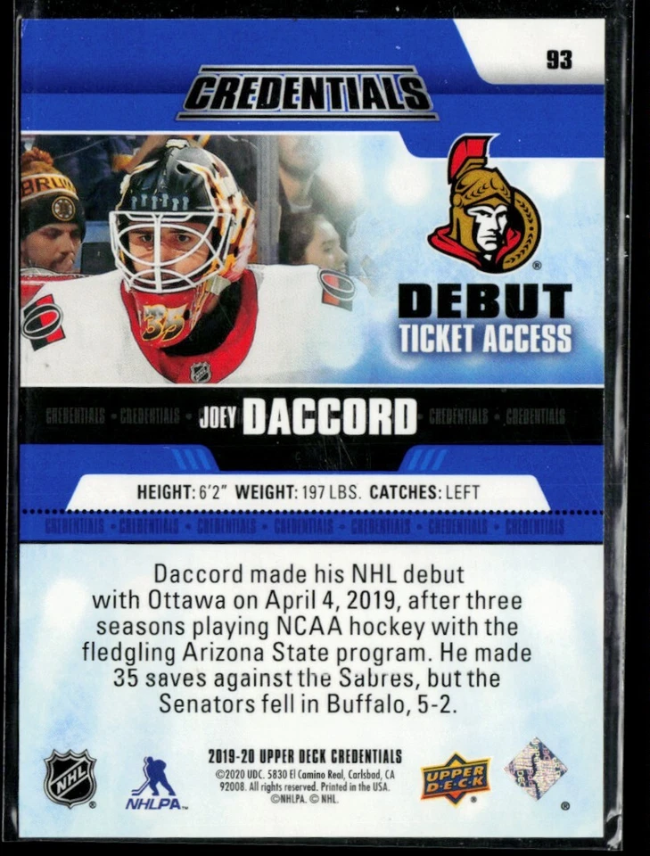 2019-20 Upper Deck Credentials #93 Joey Daccord RC 136/699 - Image 2 of 2