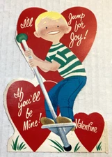 1950's Valentine Card Children Blonde Boy on Pogo Stick Jumping for Joy Unsigned