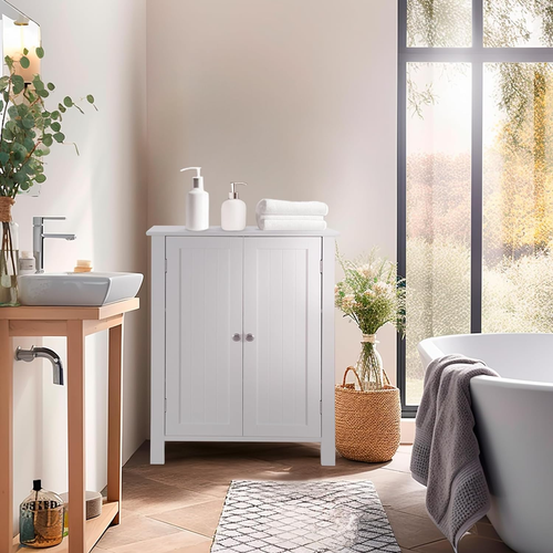 Bathroom Floor Storage Cabinet with Double Door + Adjustable Shelf, Wooden Or...