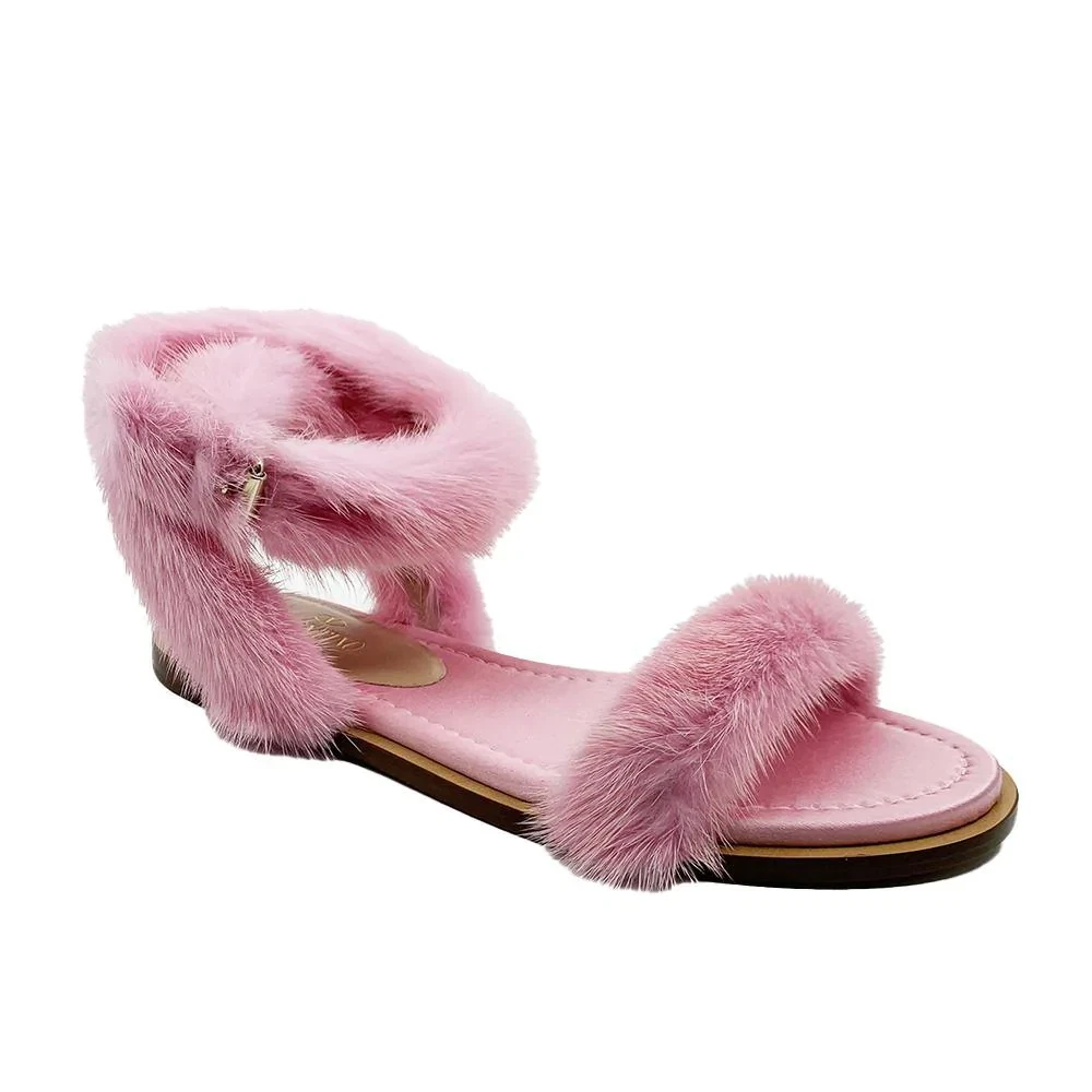 Valentino Women's Mink Fur Leather Ankle-Strap Flat Sandals Hot Pink