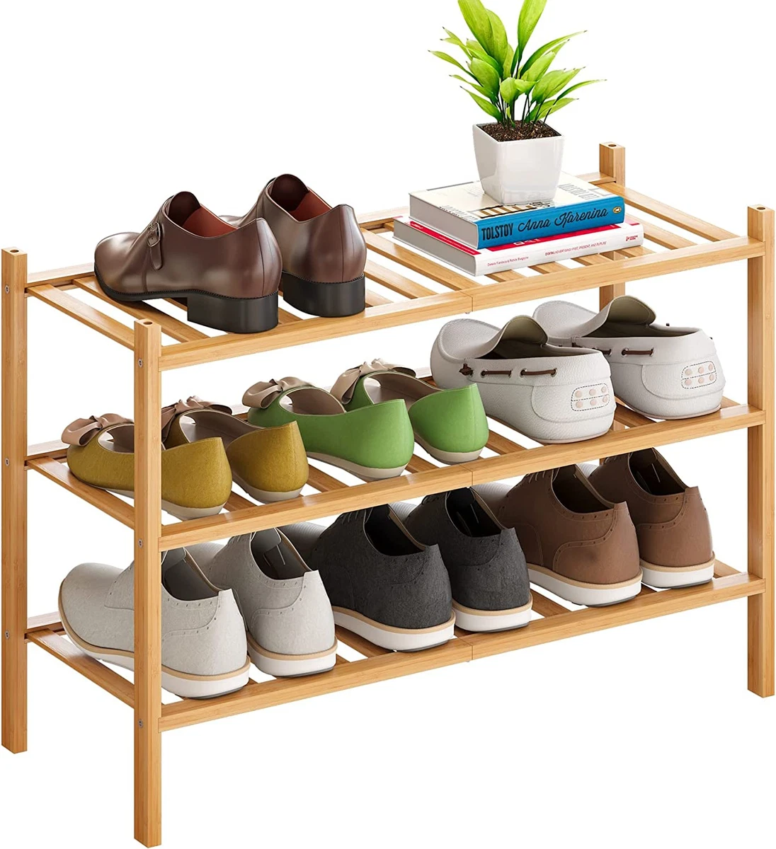 Shoe Rack 3 Tier, Natural Bamboo Stackable Shoe Shelf Shoe Storage