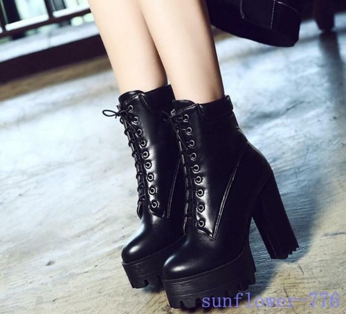 Platform Women's Ankle Boots Leather Lace Up Knight Block High Heel Court Shoes - Picture 8 of 16