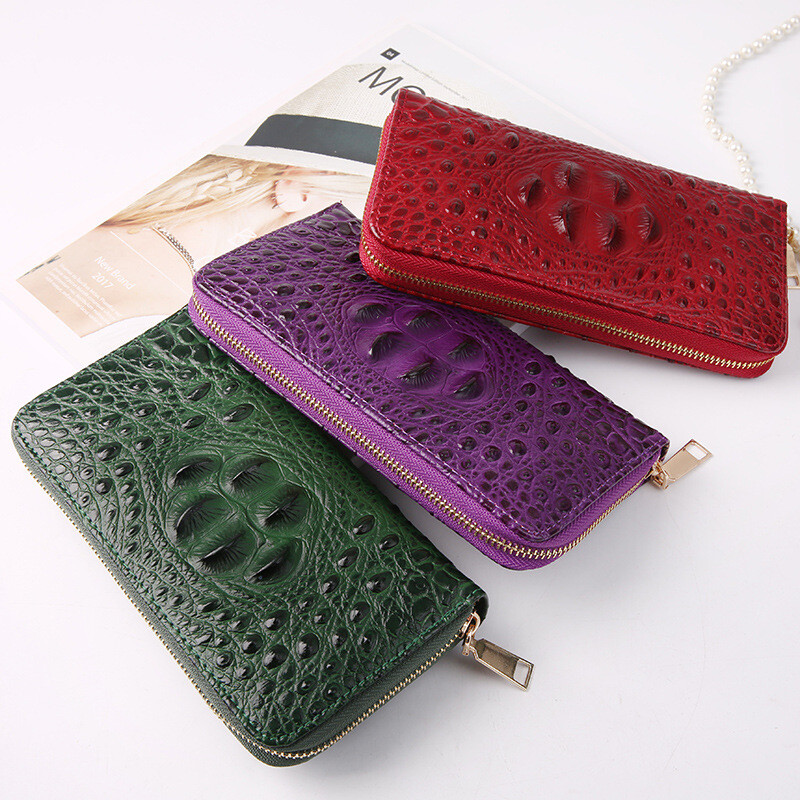 Women Crocodile Pattern Leather Clutch Long Wallet Zipper Card