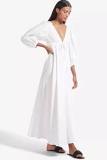 STAUD AMARETTI DRESS Plunge Neck Bishop Sleeve Gown Maxi Dress White Size L New