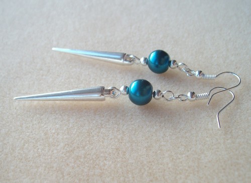 Dark Teal Green Blue Pearl Bead Silver Spike Dangly Drop Earrings in Gift Bag - Picture 3 of 4