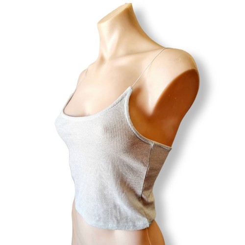 Metallic light grey / silver, fitted, low scoop neck singlet crop top.... - Picture 2 of 10
