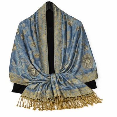 Denim Blue Paisley Jacquard Scarf Shawl Wrap with Gold Fringe   Large Boho Pashm