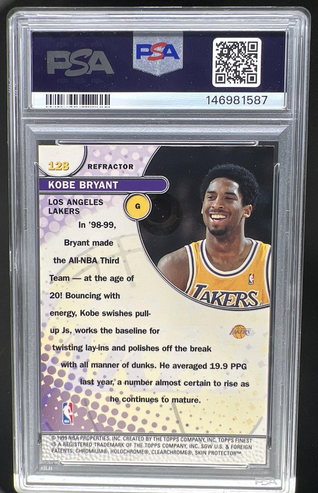 1999-00 Topps Finest Kobe Bryant Sensations Refractor #128 Lakers PSA 8 view 2