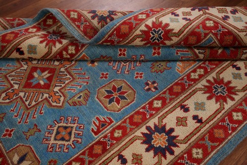 Alfombra oriental azul súper kazaja 4x6 lana geométrica anudada a mano decoración del hogar alfombra - Imagen 16 de 20