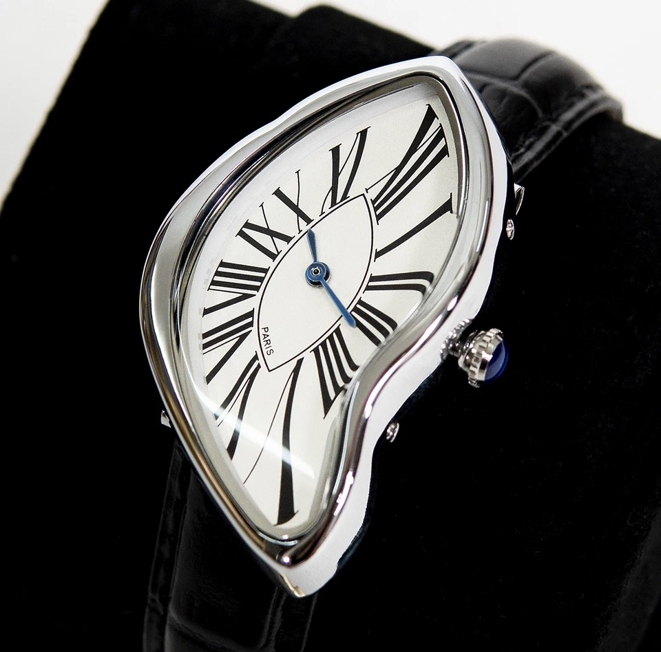 Y2K Vintage Silver Paris Dali Crash Melting Watch With Black Leather Band Gift - Image 3 of 4