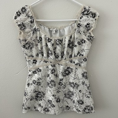 Y2K Moa Moa Lace Milkmaid Babydoll Top Sz L Black White Floral Fairy Whimsigoth