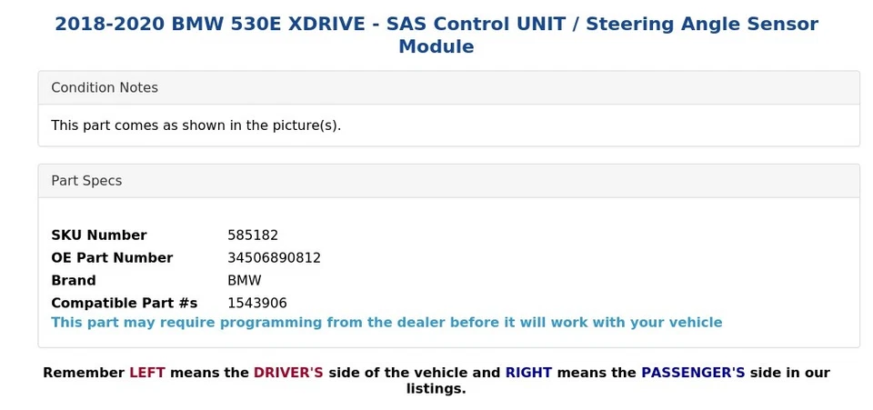2018-2020 BMW 530E XDRIVE - SAS Control UNIT / Steering Angle Sensor Module - Image 3 of 4