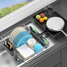 Expandable Dish Drying Rack, Over Sink Drainer with Cutlery Holder,