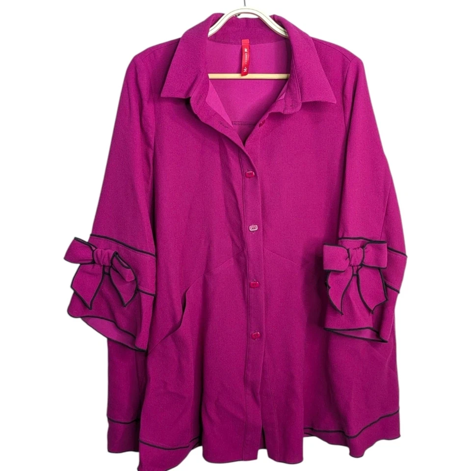 Túnica swing IC Collection top grande magenta rosa manga arco botão bolsos frontais - Imagem 2 de 4