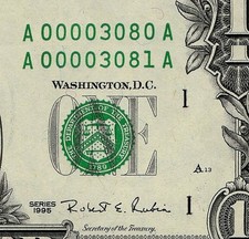 2 Consecutive 1995 $1 FRN Federal Reserve Notes Fancy Low S/N A00003080-3081A