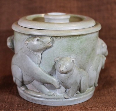 Fine Ceramic Covered Box with Polar Bears & Cubs in Relief by T.R.McPhee c. 1980