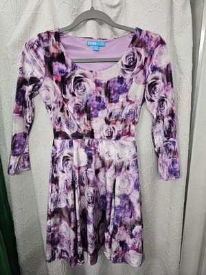 Women's XS Purple Rose Print Velvety  Scoop Neck Fit & Flare Dress By L'Amour