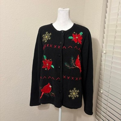 Classic elements size M black christmas sweater cardinals poinsettias