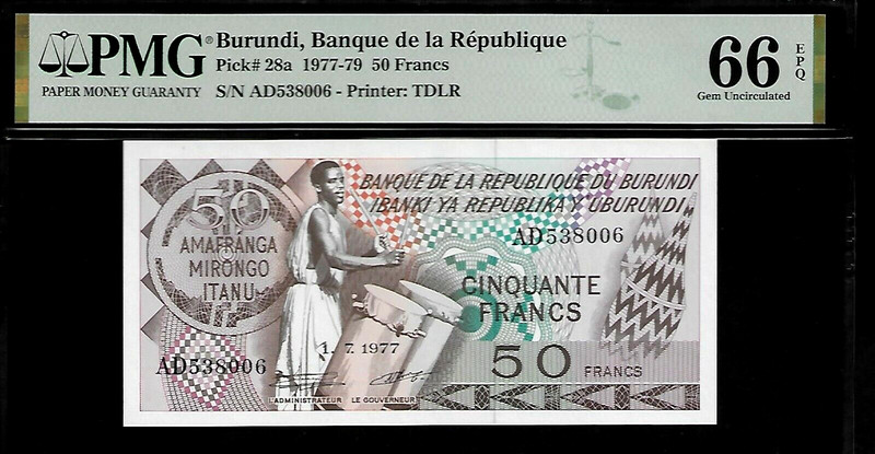 Burundi 50 Francs 1977 PMG 66 EPQ UNC P#28a Series AD