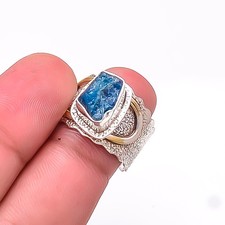 Neon Blue Apatite - Bahia Mines Oxidised 925 Sterling Silver Ring S.7.5 R39