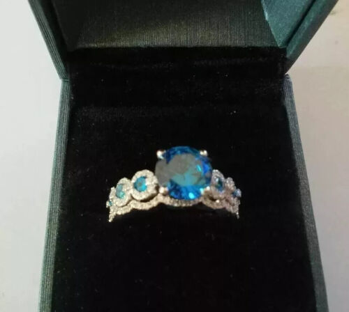 2Ct Round Cut Lab-Created Blue Sapphire Bridal Ring Set In 14k White Gold Plated - Picture 2 of 4