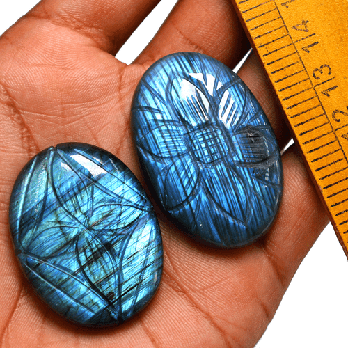 2 Pcs Natural Labradorite Hi-Quality Hand Carved 39-43mm Oval Cabochon Gemstones - Picture 9 of 12