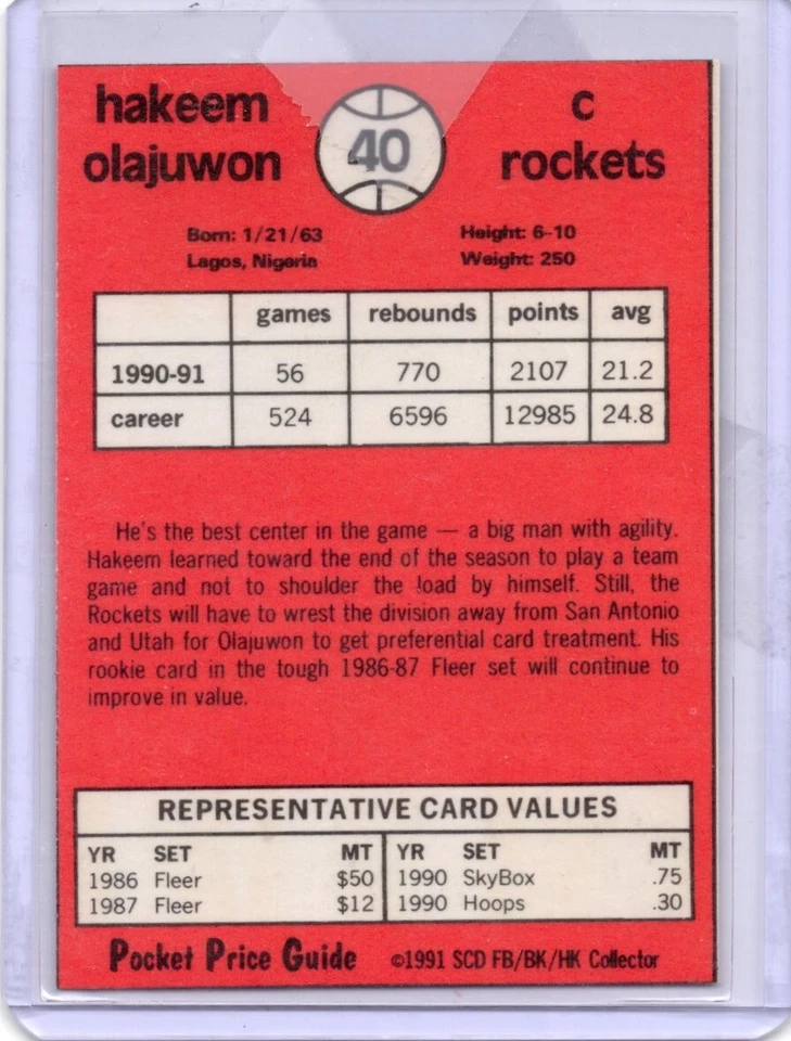 1991 SCD Pocket Price Guide Hand Cut #40 Hakeem Olajuwon - Image 2 of 2